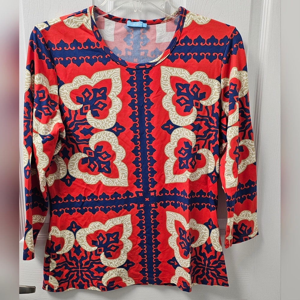 J. McLaughlin Women’s 3/4 Sleeve M Shirt Top Blouse Medium Pinwheel Patch